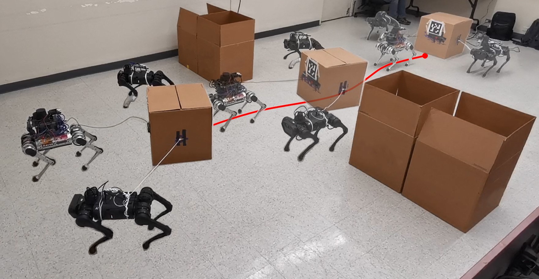 Collaborative Navigation of a Cable-towed Load by Multiple Quadrupeds
